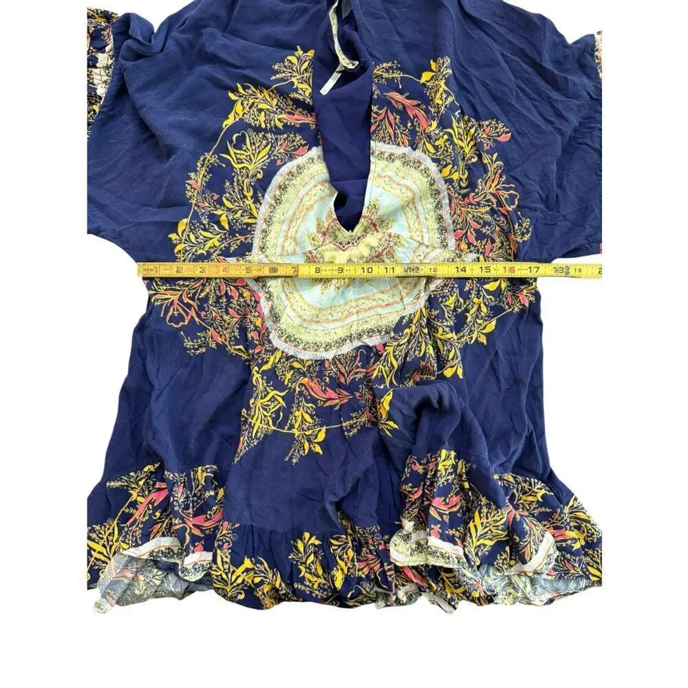 Free People Printed Tunic V-Neck High Low Mandala Shirt Top Size M